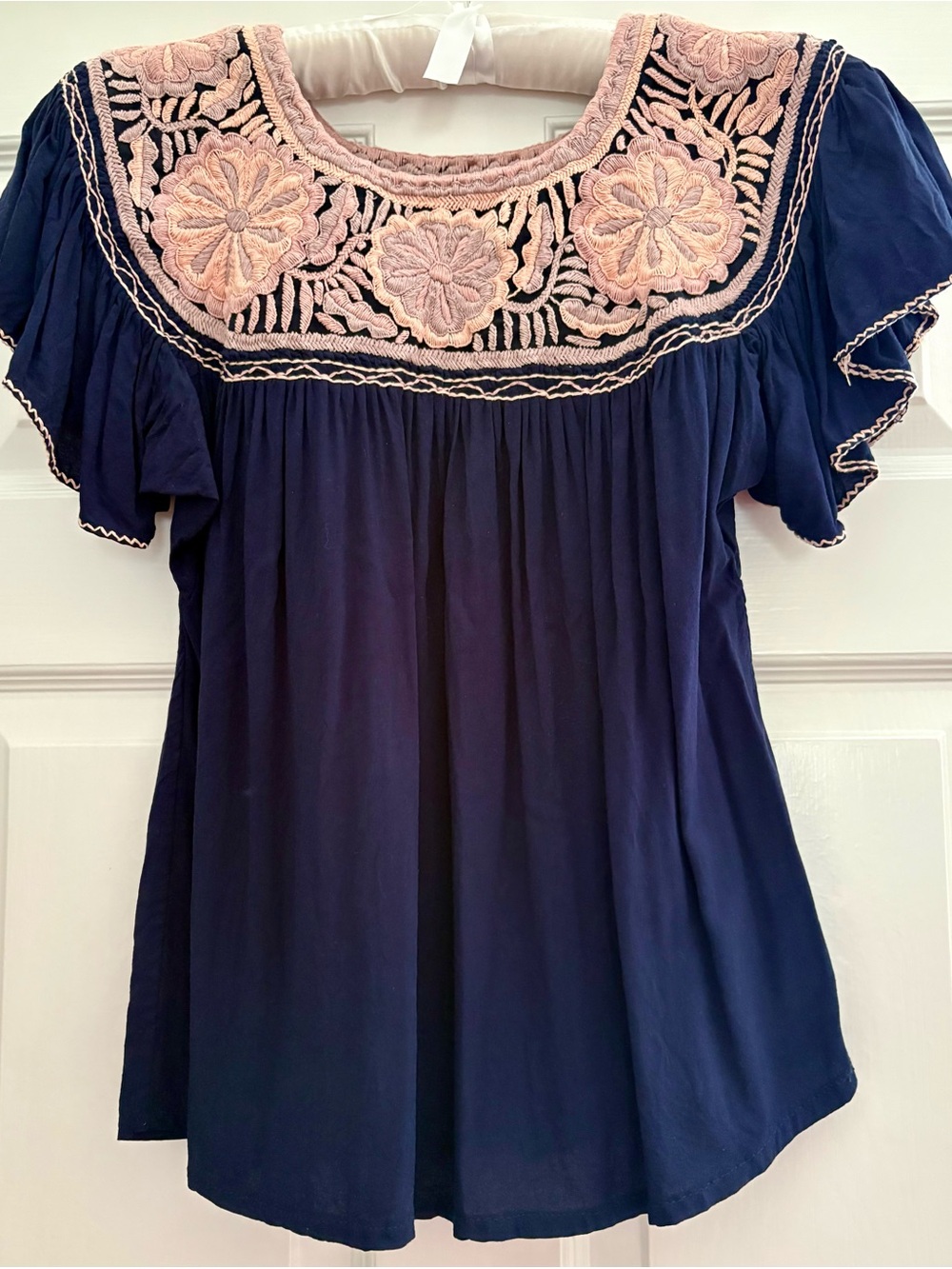 Embroidered Navy Women’s Peasant Top with Pink Floral Yoke
